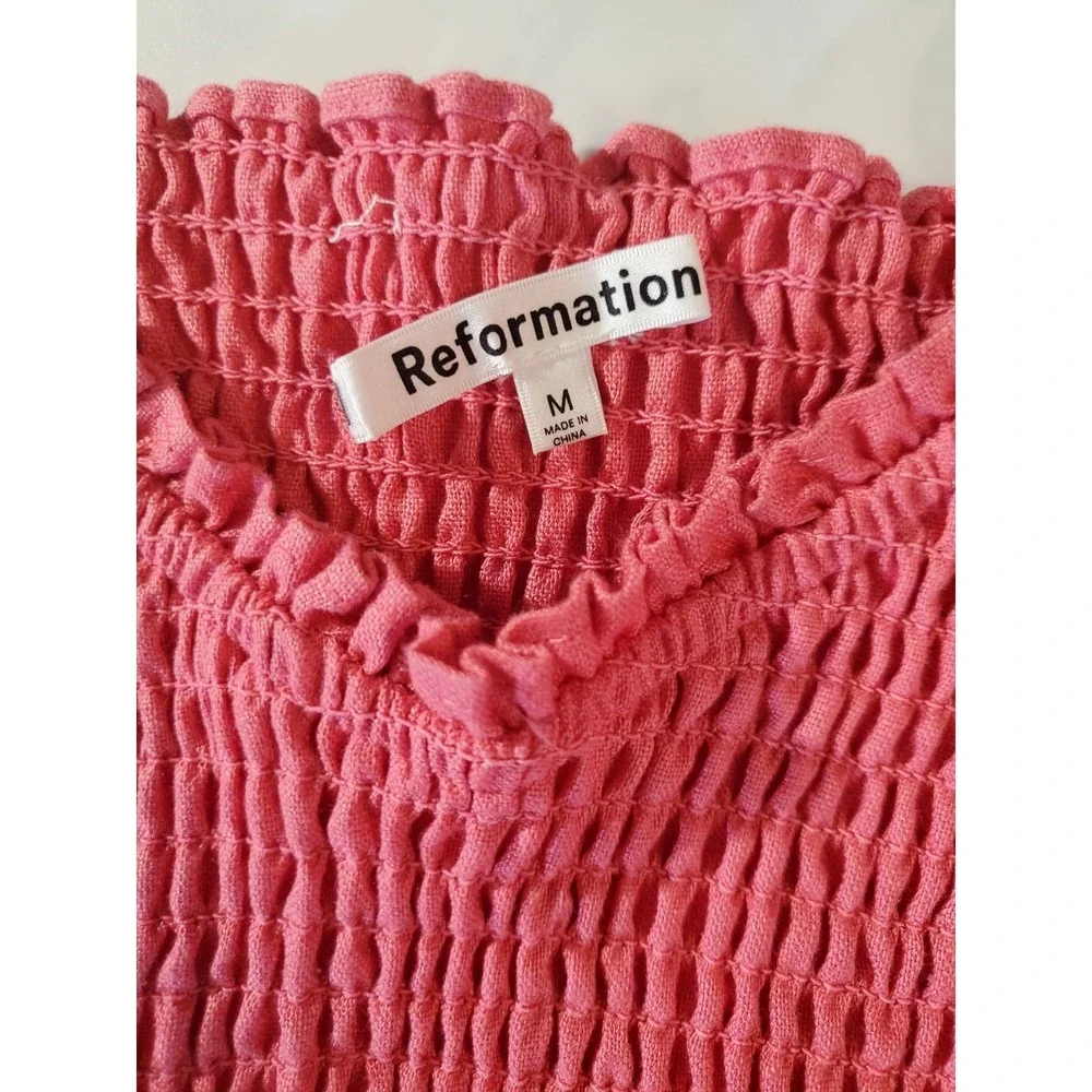 Reformation Cambria Linen Blouse Pink Peplum Sleeve Smocked Sweetheart Medium